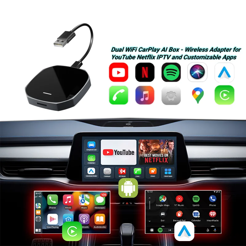 Expandable Memory Wireless Mini CarPlay AI BOX Adapter Dual WiFi Support Android Auto With YouTube Netflix ip tv for ap ple Cars