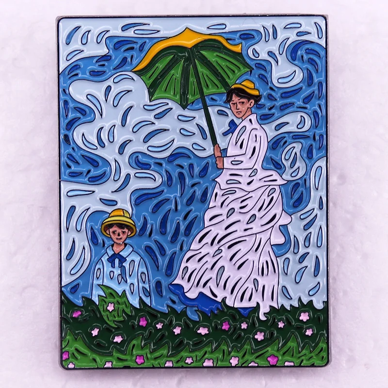 Classic Painting Art Badge Woman with A Parasol Madame Monet and Her Son 1875 Enamel Pin Brooch Summer's Day Jewelry