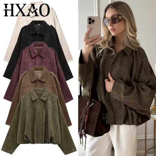 HXAO Chaqueta Bomber para mujer Chaqueta corta de gamuza Primavera 2025 Abrigos de manga larga de gran tamaño Nuevo en abrigos y chaquetas Ropa de abrigo de talla grande