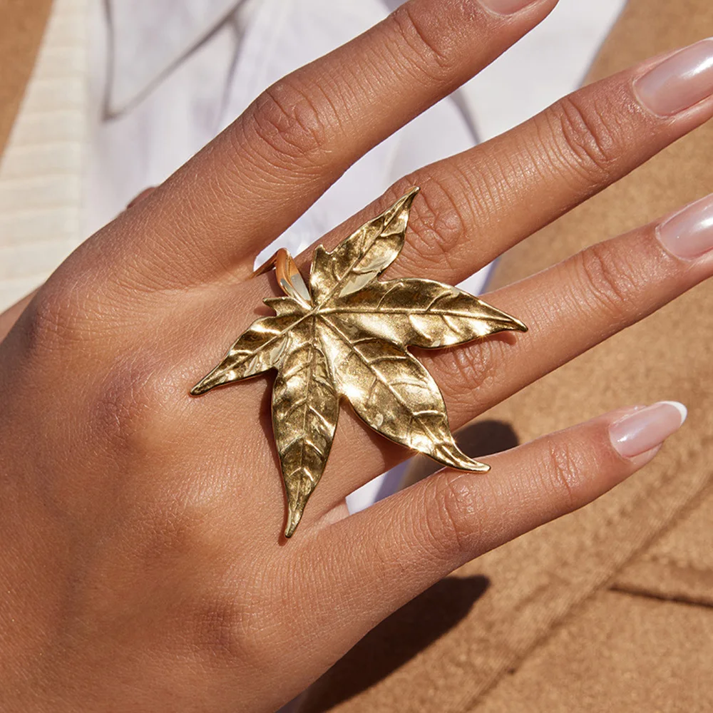 

Personality Maple Leaf Ring Exaggerated Stainless Steel Women Light Luxury Fashion Rings Jewelry Gifts