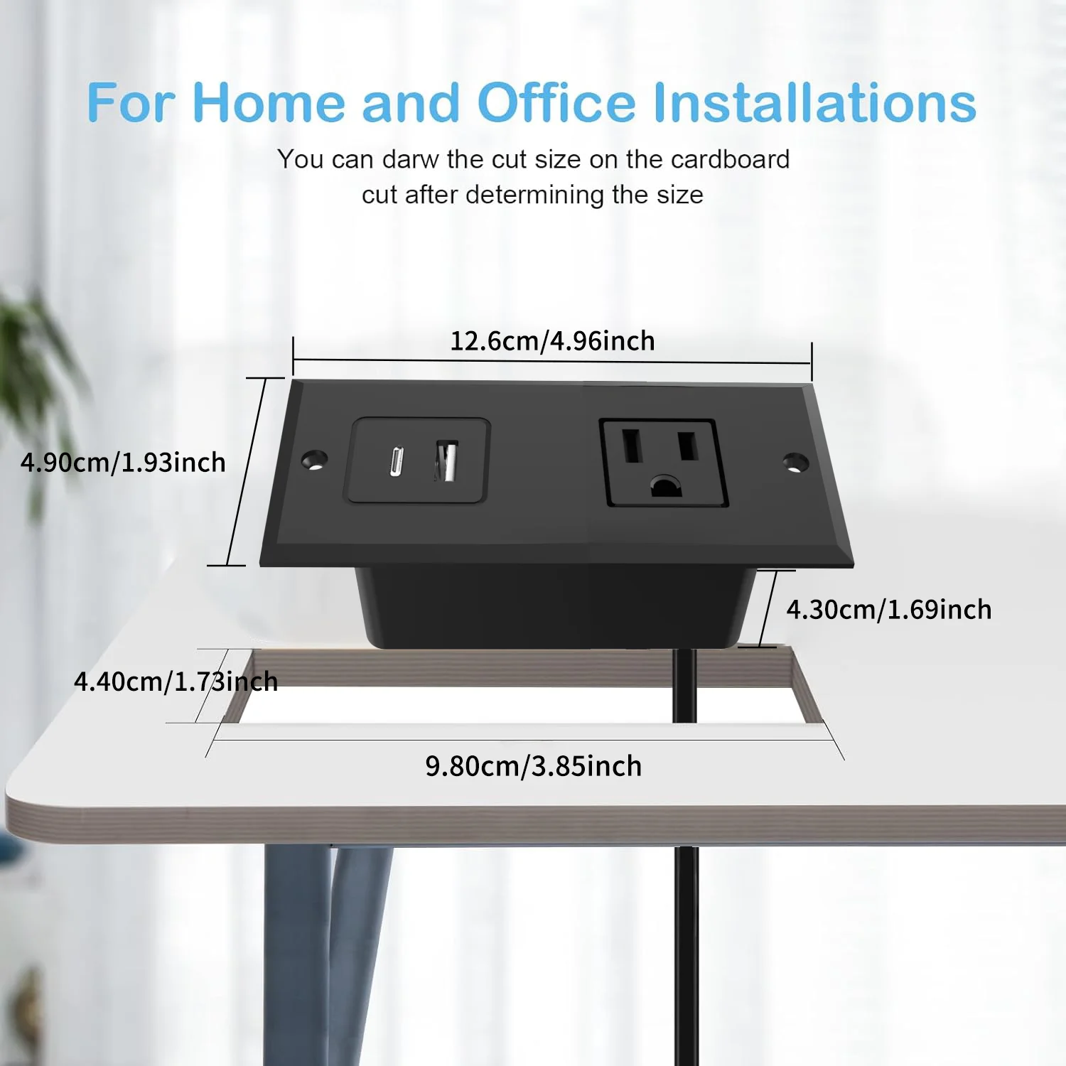 Black Compact Recessed Power Strip 1500W 1 Outlet 2 USB Ports Flush Mount Outlet Extender for Furniture Conference Table Desk