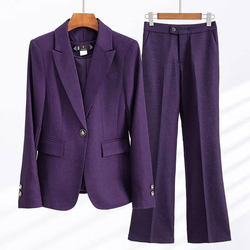 Conjunto uniforme de duas peças para senhoras, manga longa, temperamento branco, uniforme de trabalho roxo, terno de escritório preto e roupa formal