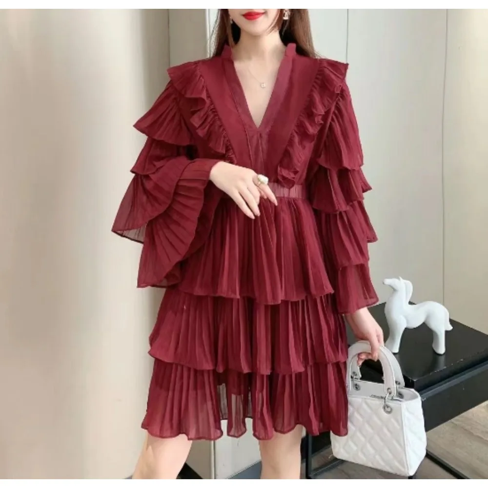 Vintage Elegant Ruffle Pleated Tiered Dress Chic  A-line Fashion Spring Autumn Flare Long Sleeve Vestidos Women Mini Dress