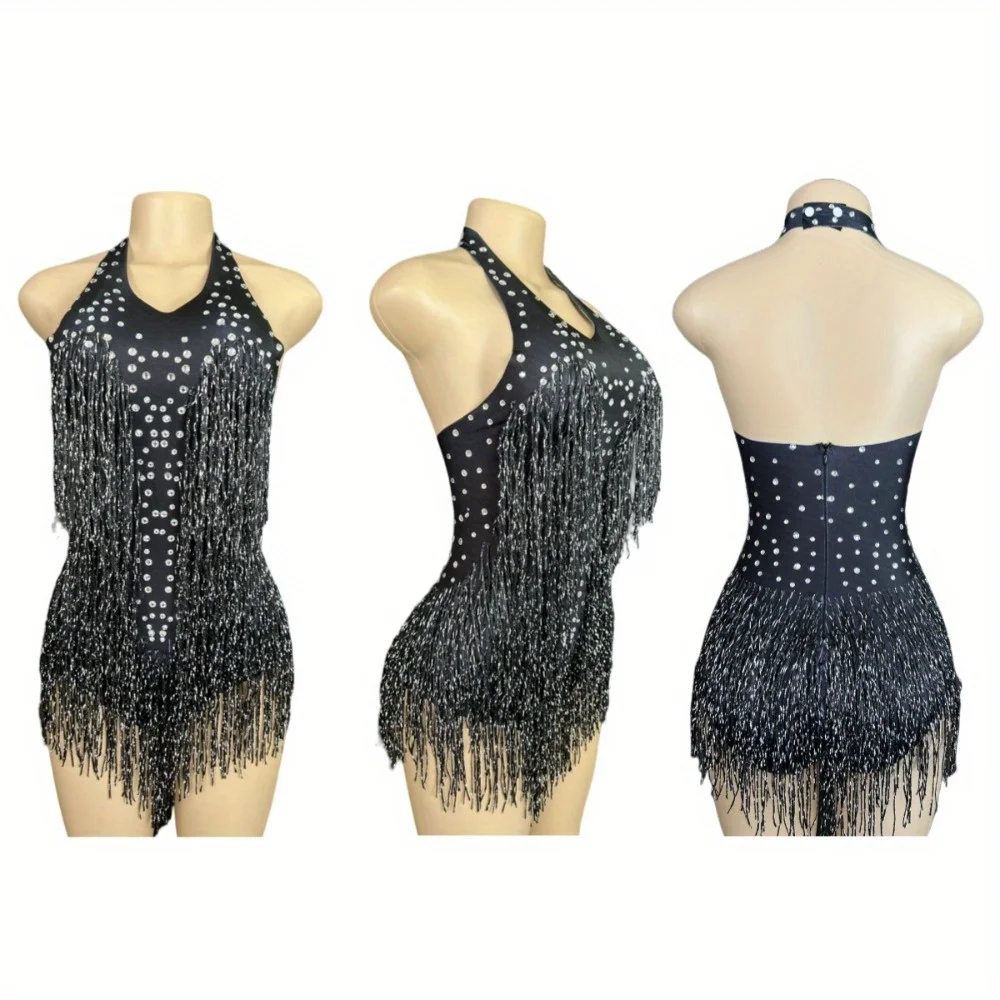 Body con flecos y diamantes de imitación brillantes para mujer, traje de baile para fiesta, ropa de escenario, leotardo Sexy con borlas, ropa de actuación