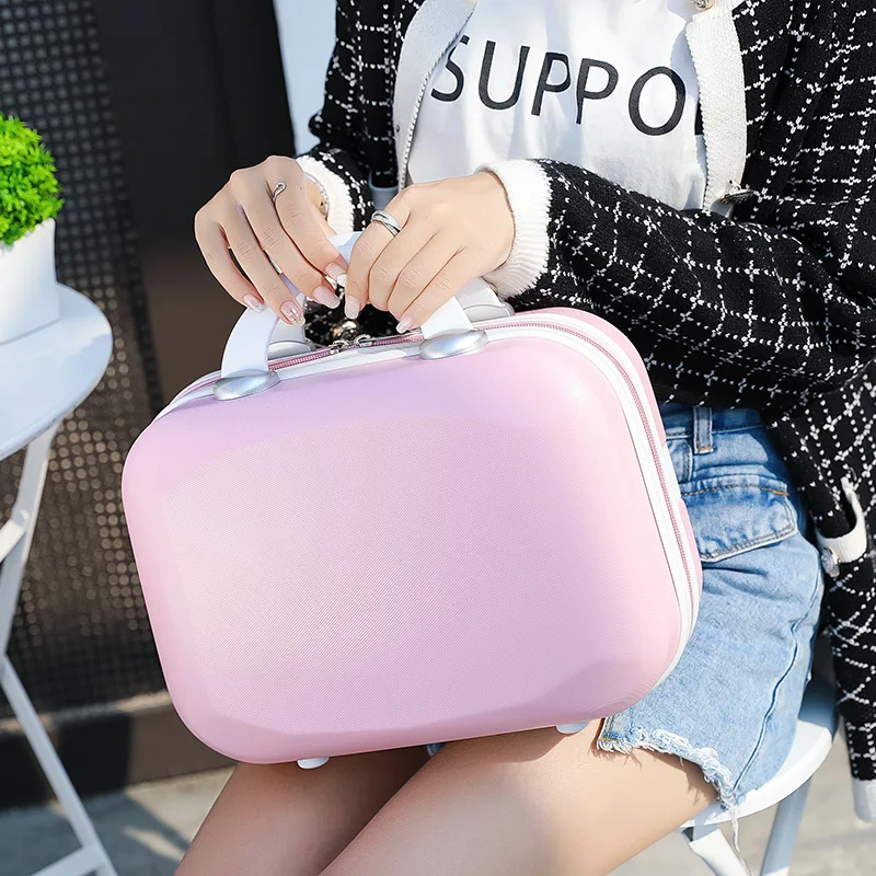 New 14 Inch Mini Suitcase Diamond Cute Cosmetic Case Pink Small  Zipper Tide Storage Box Women Carry Ons Suitcases