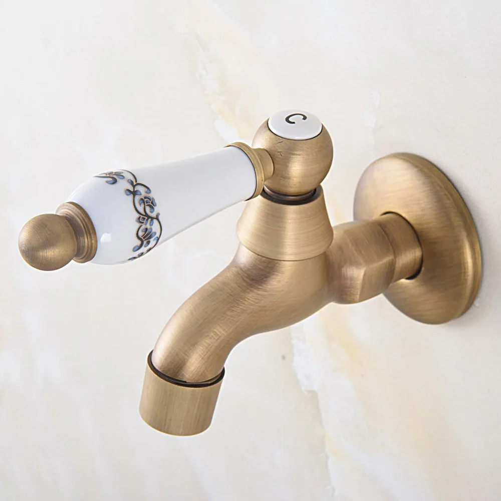 Vintage Antique Brass Faucet Bathroom Wall Mounted Single Cold Water Tape for Kitchen Sink Mop Pool Outdoor Garden Faucet zav319