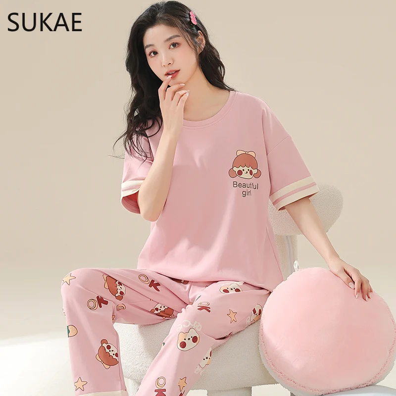 SUKAE Cotton Women\'s Pajama Short Sleeves Nightwear Summer Women Pajamas Set Plus Size M-5XL Sleepwear Korean Pijamas for Girl