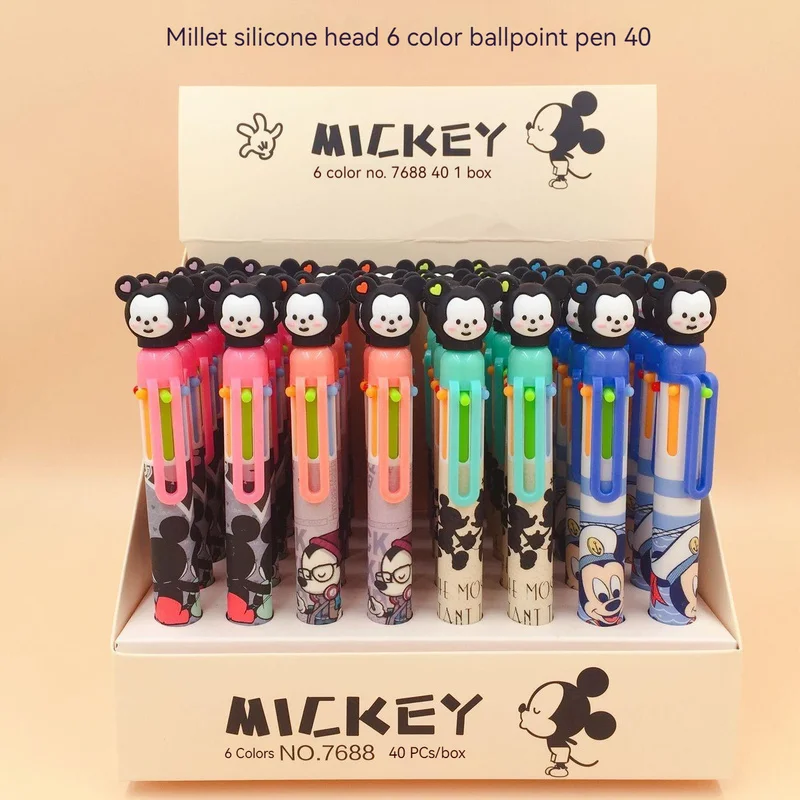 40pcs Kawaii Disney 6 Colors Ball Pen Mickey Multicolor Pen Colorful Hand Account Pen Students School Office Stationery Supplies