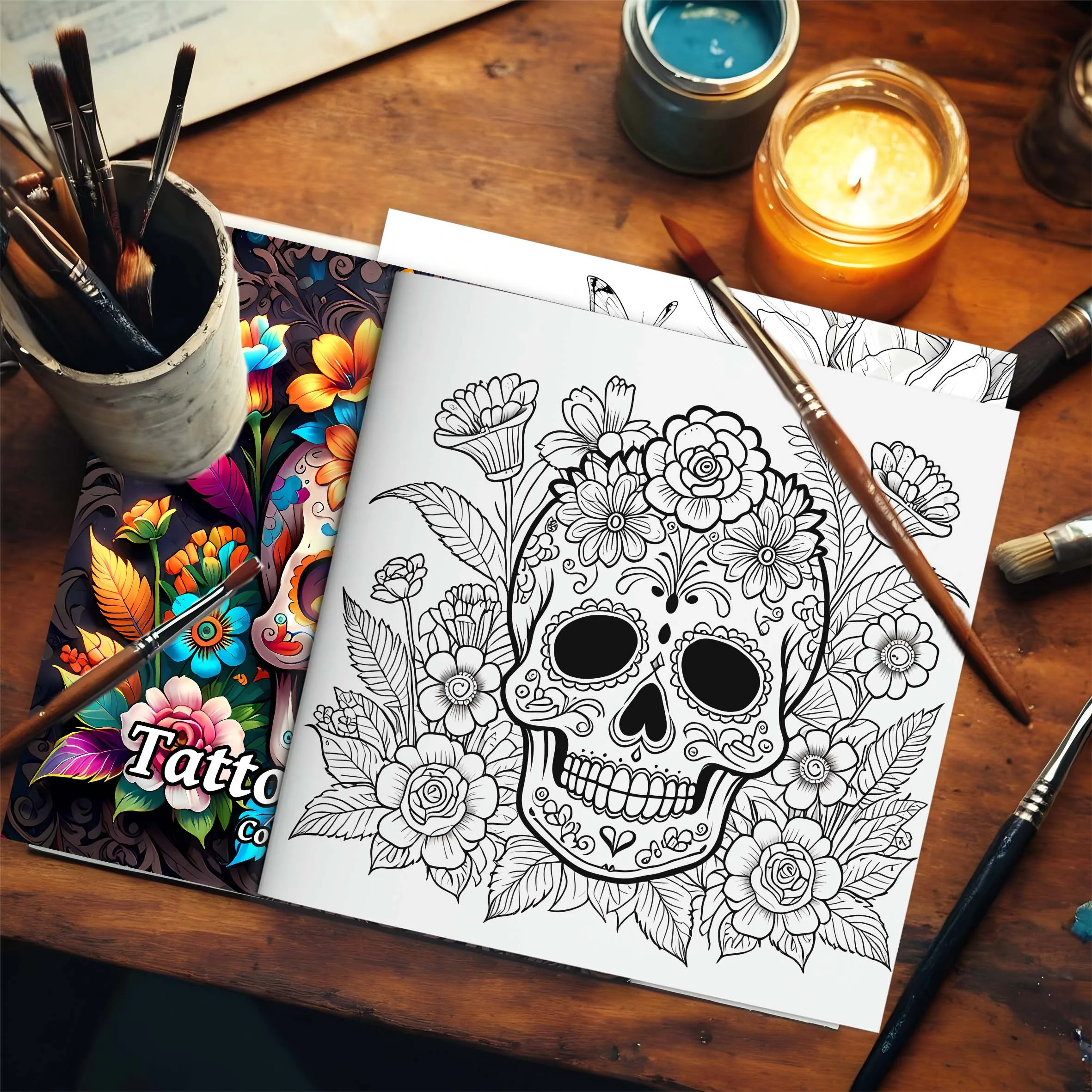 Tattoo Pattern Coloring Book For Adults And Teens Skull in Rose Abstract Artistic Expression Hand Drawing Colouring Book
