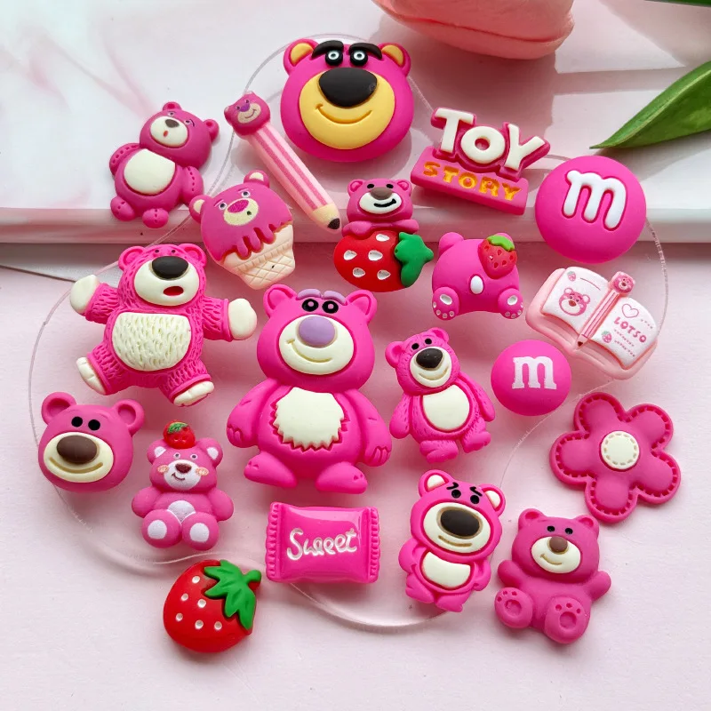 5pcs Strawberry bear pink series resin DIY jewelry accessories mobile phone case hole shoes flatback hairpin hair accessories ma