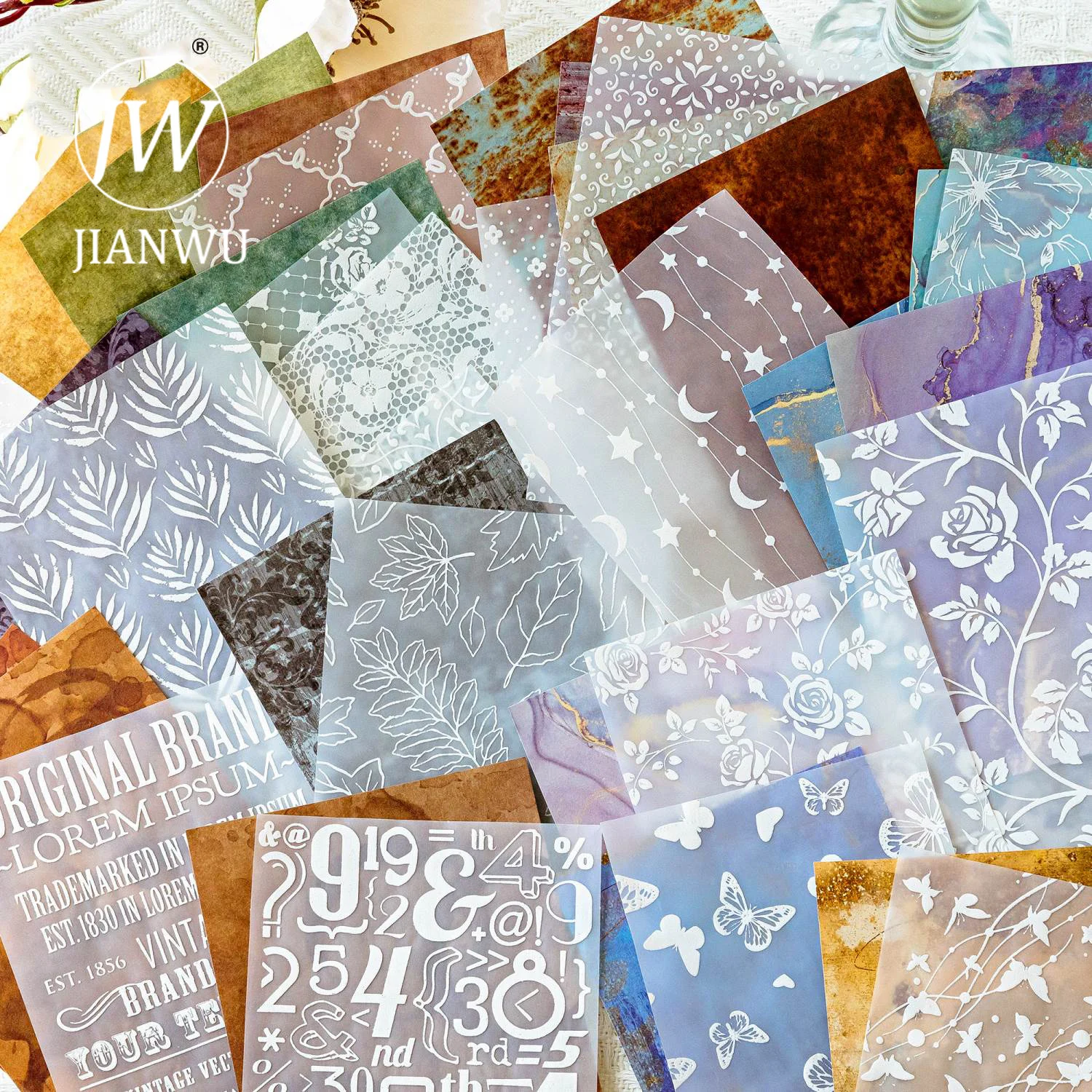 JIANWU 8 Sheets Vintage Mottled Series Flower Lace Relief Collage Material Paper Creative DIY Junk Journal Stationery