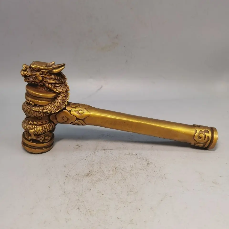 Antique Collection Golden Pure Copper Dragon Head Opening Hammer Decoration Company Opening Ceremony Good Luck Starting Tools