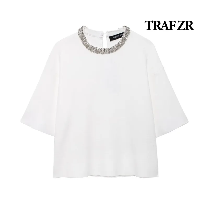 TRAF ZR knit T-shirts Woman Summer 2024 Short Sleeve Tee Harajuku Summer Top white Y2K Tops fashion Basics Minimalist T-shirts