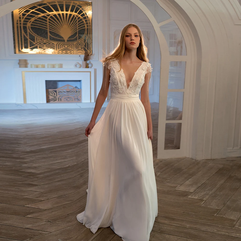 

Elegant Chiffon Wedding Dresses V Neck Cap Sleeves Bridal Gowns Flowers Beads Back Zipper Sweep Train A-Line Vestidos De Novia