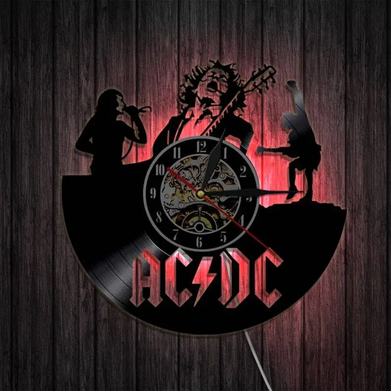 Creative Pop Artists AC DC Band Vinyl Record Wall Clock Creative Retro 16 Colors LED Clocks Home Living Bed Room Decoration