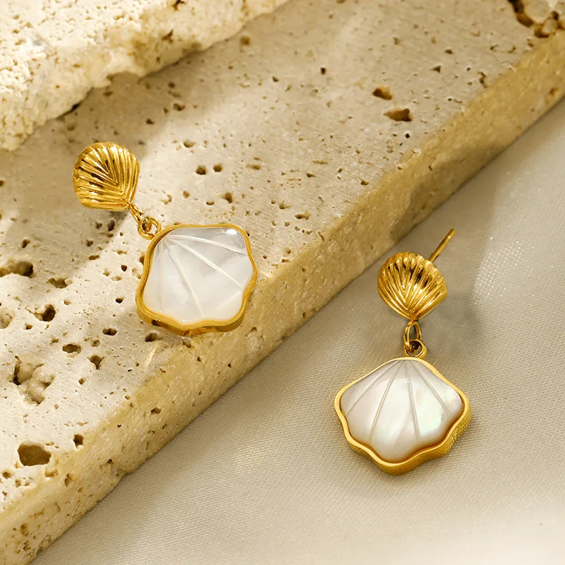 GANPUP 316l Edelstahl Naturstein Muscheln Baumeln Ohrringe Frauen 18k PVD Überzogene Mode Urlaub Schmuck Wasserdicht Geschenk – Detail 8
