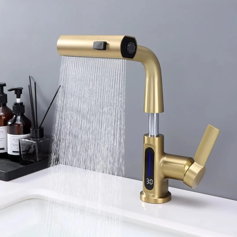 

Смеситель для умывальника, смеситель для горячей и холодной воды, раковина для ванной комнаты, выдвижной выход для дождевой воды, цифровой дисплей, подъемный вращающийся золотой цвет