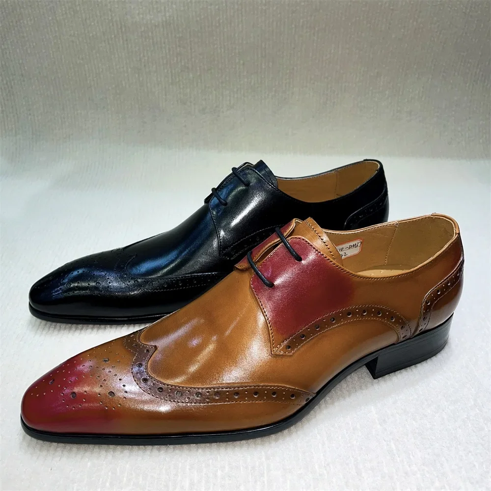 Brown Genuine Leather Brogue Shoes Handmade Casual Oxfords Breathable Lace-Up Dress Shoes Spring Autumn Fashion Size 39-46
