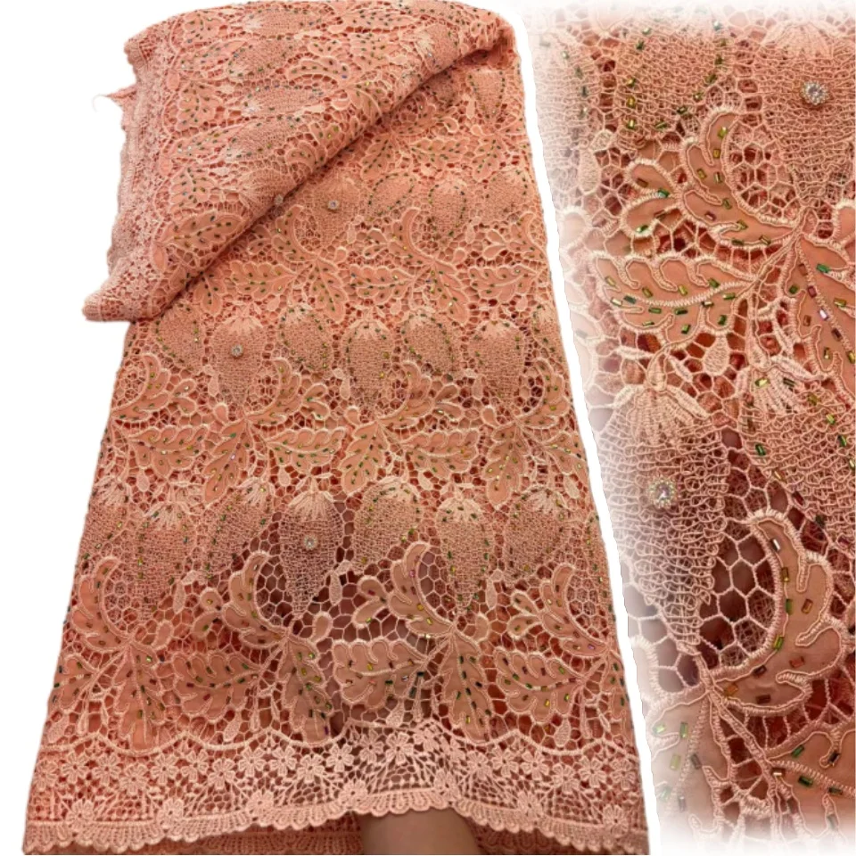 

African Stones Guipure Lace Fabrics 5 Yards 2026 High Quality Nigerian Water Soluble Lace for Women Wedding Dresses AA2973