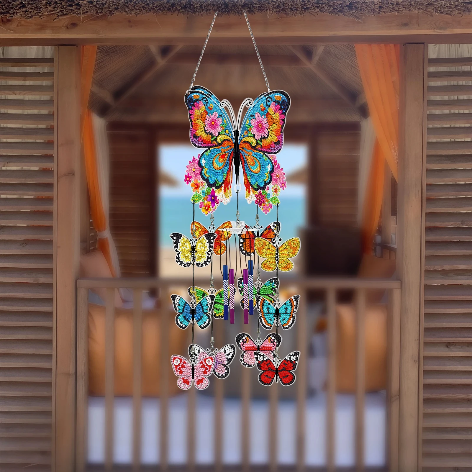 Dispaint 5D DIY Diamond Painting Double Side Wind Chime Butterfly Dot Pendant Embroidery Hanging Gift Window Pendant Home Decor