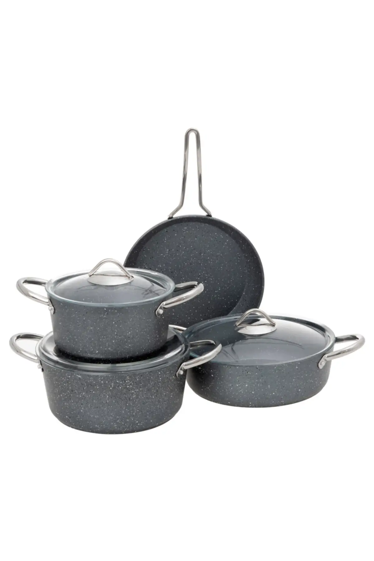 7 piece Chrome Handle Granite Cookware Set-Gray