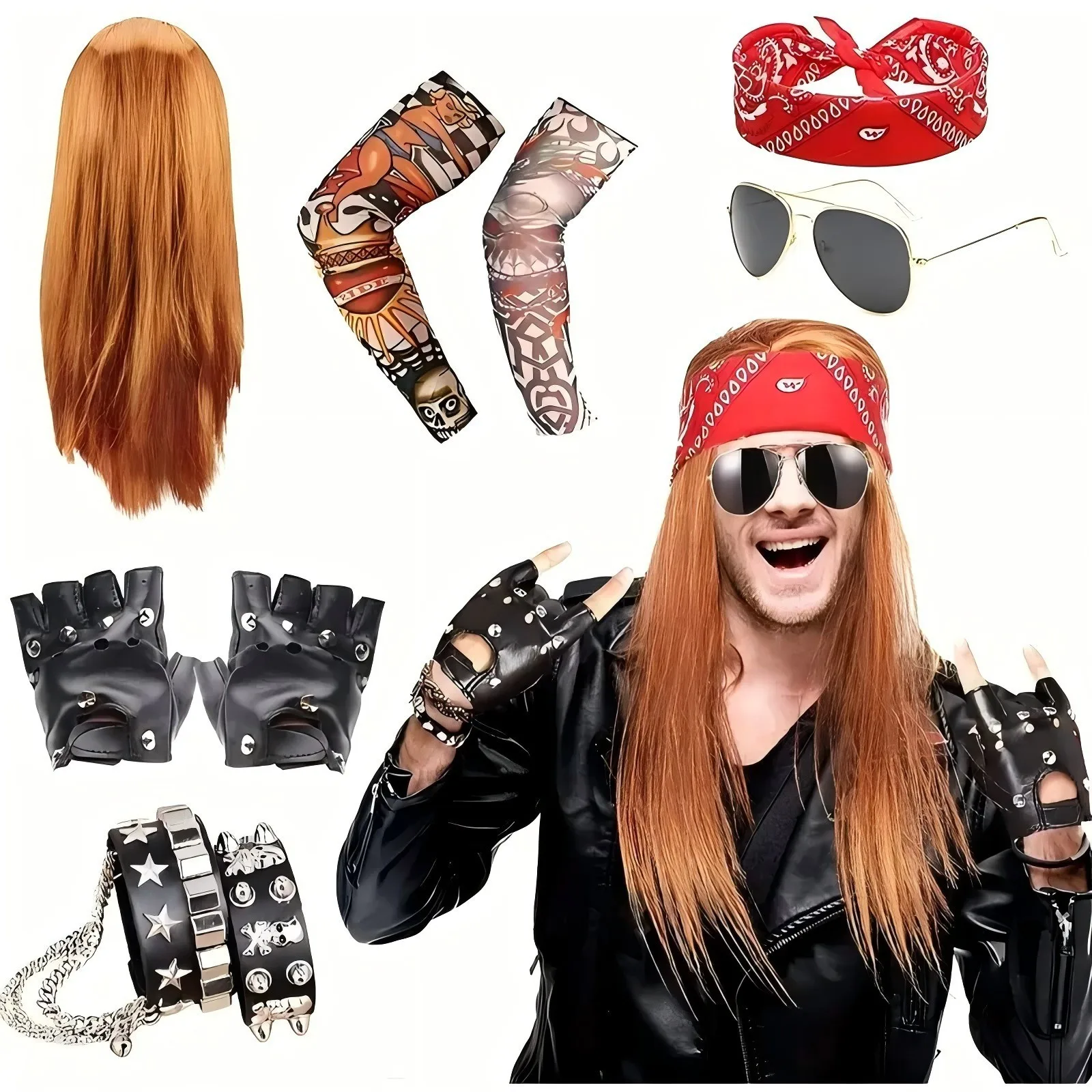 Conjunto de Disfraz de Rockero de los 80, Mangas con Tatuajes de Colores, Accesorios de Heavy Metal para Halloween, Fiesta Disco de los 80, Cosplay