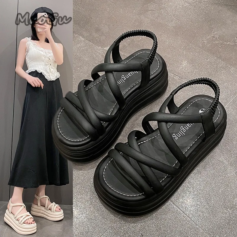

Black Platform Sandals for Woman Thick Sole Wedge Sandals Height Increasing Elastic Strap Casual Summer Shoes Sandalias De Mujer