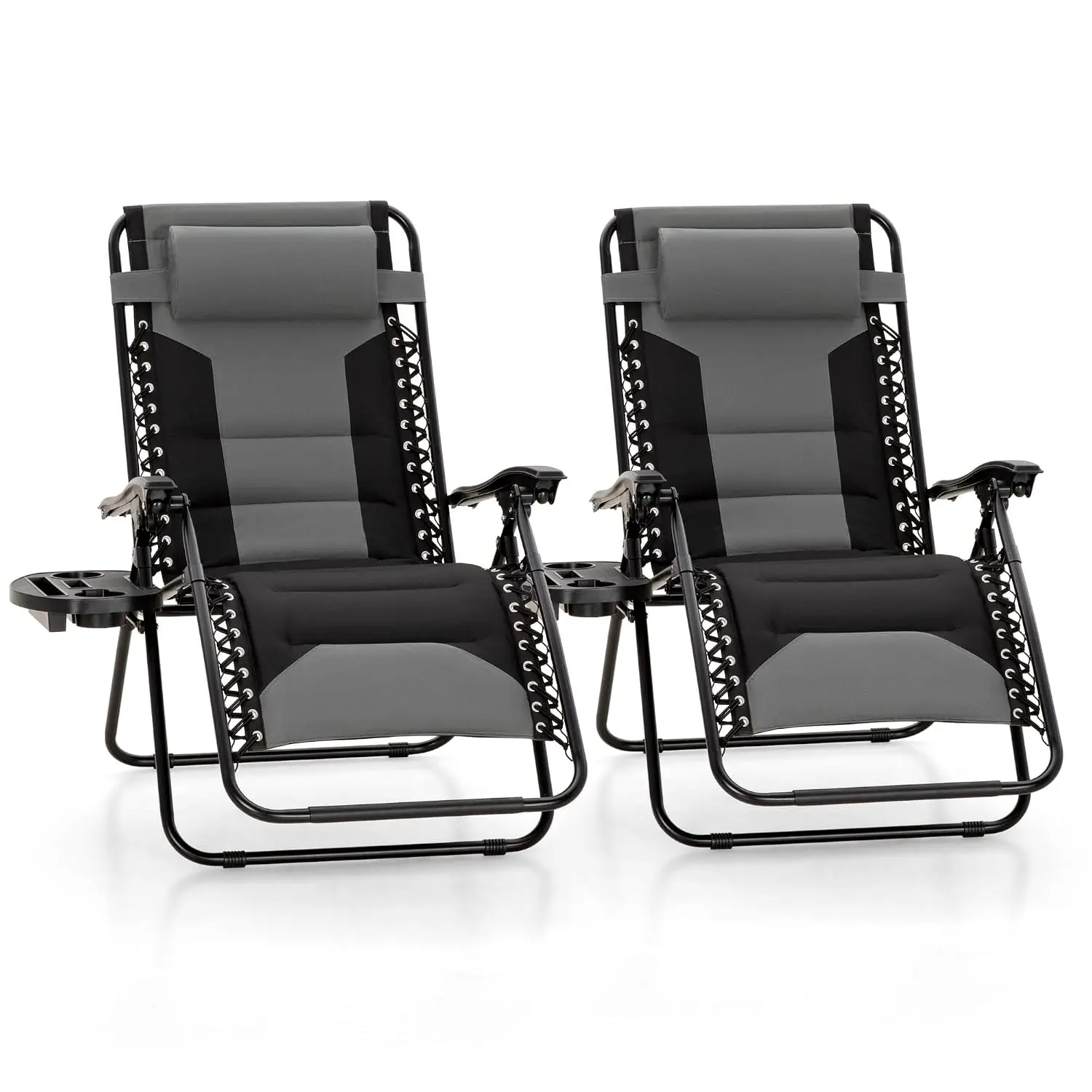 Padded Zero Gravity Lounge Chair with Cup Holder, 28in Wide Seat, Outdoor Patio Recliner Set of 2, Grey, Customized