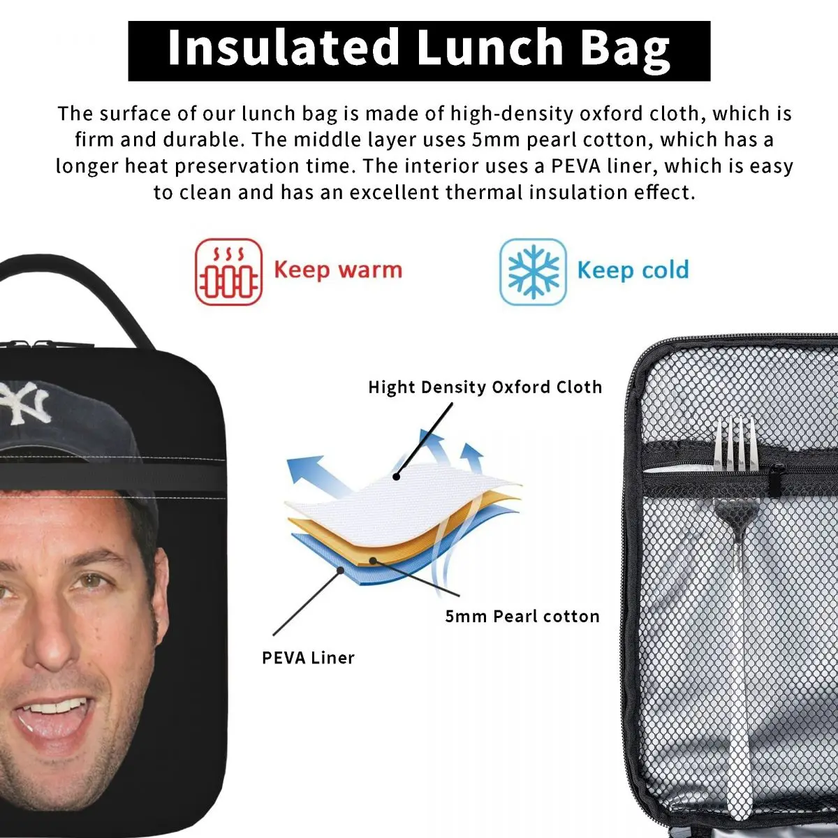 The Face Meme Adam Sandler Smile Amazing Poster Insulated Lunch Bag for Women Kids Portable Food Boxes Thermal Lunch Box Tote