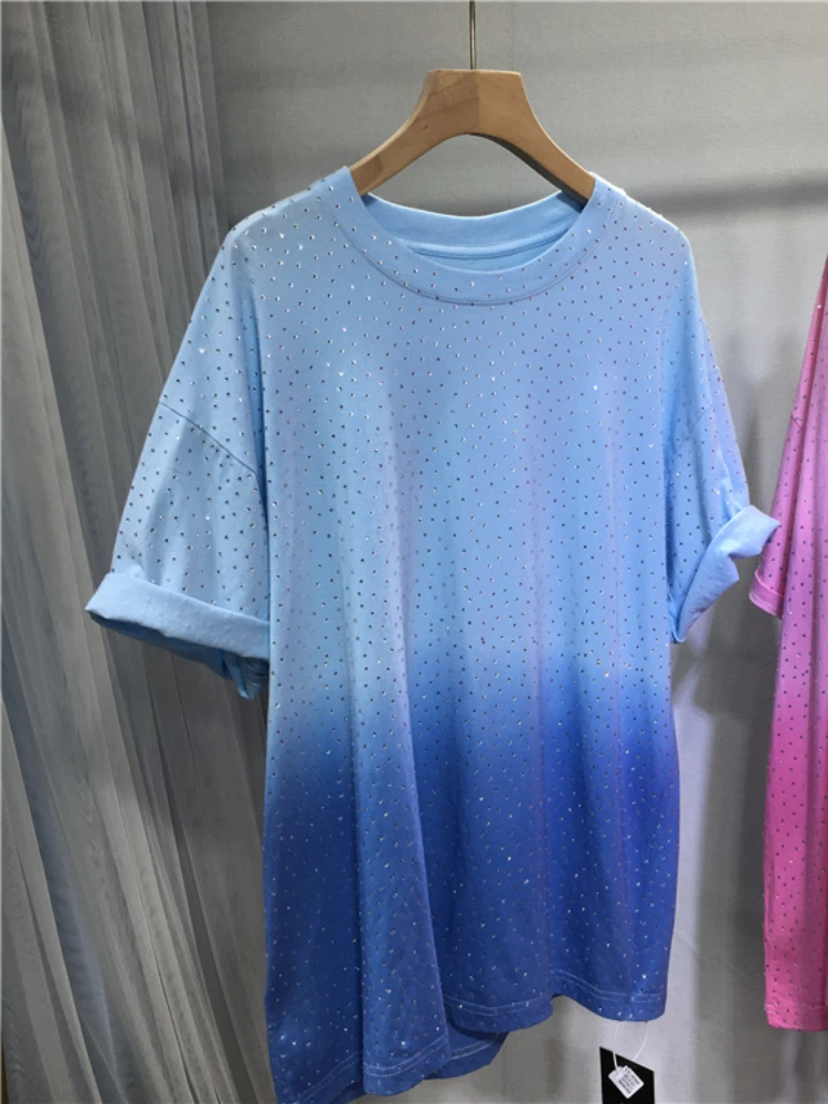 European Goods Hot Drilling Gradient Color T-shirt Women Summer Thin Full Diamond Round Neck Loose Mid-Length Short Sleeve Top