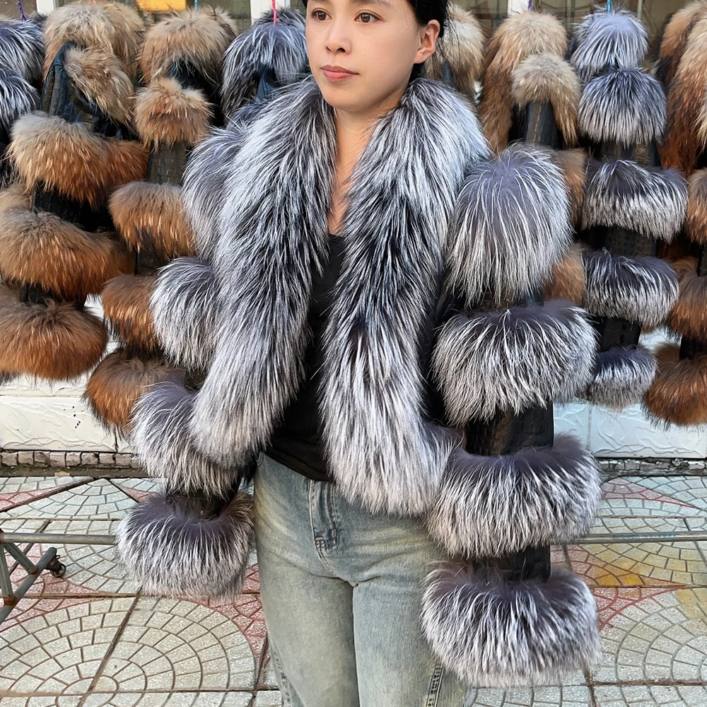 Queentina Echtpelz Mantel neue Out wears Alligator Damenmode Luxus jacke Alligator Kleidung Natur fuchs Fell 2024
