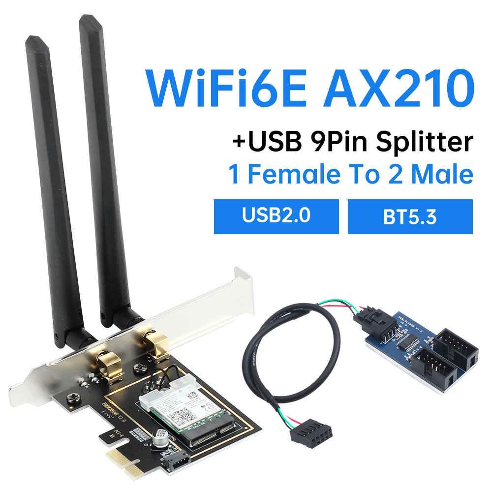 WiFi6E AX210 PCIE WiFi 어댑터 BT5.3 트라이 밴드 9Pin USB2.0 분배기 인터페이스 마더 보드 연장 케이블 어댑터 PC Win10/11