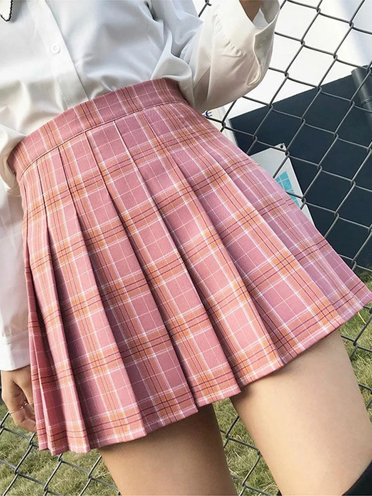 Mini-saia xadrez plissada, Cintura alta, A-Line, Roupa de tênis, Casual, Sexy, Vintage, Kawaii, Meninas