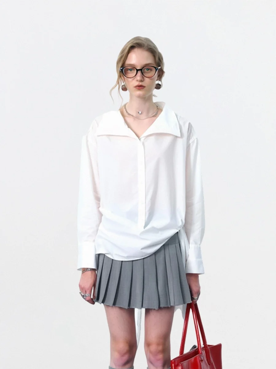 

AHMI Vintage Asymmetrical Hem Long Sve White irt Loose Design Sensation Top Women's Faion Korean Sle Commute Wind