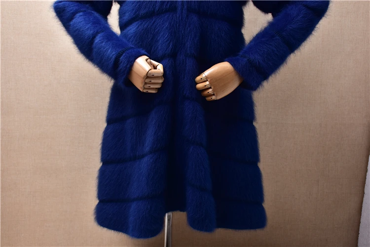 Female Women Fall Winter Blue Zippers Hairy Mink Cashmere Knitted Turtleneck Long Sleeves Striped Slim Cardigans Sweater Jacket