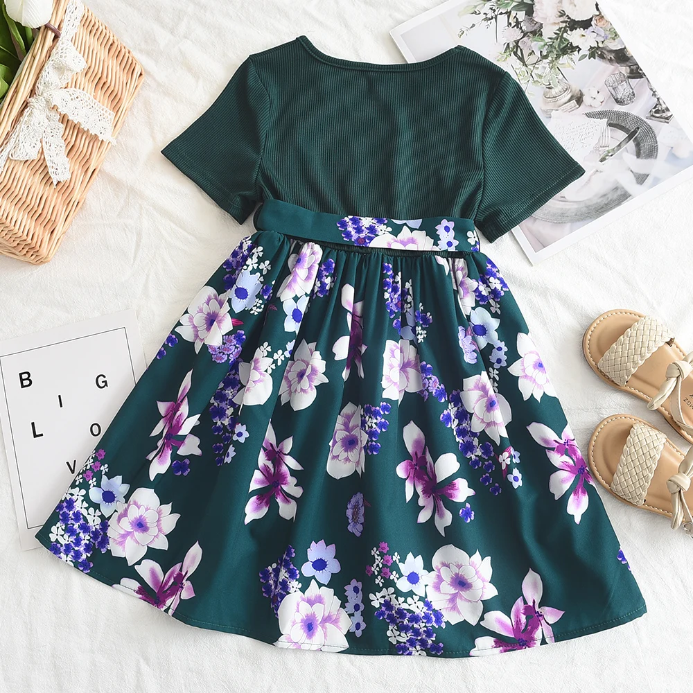 Bear Leader Girls Dress 2023 Summer New Green Patchwork Print Dress Short Sleeve Bowtie Design Girls Clothing