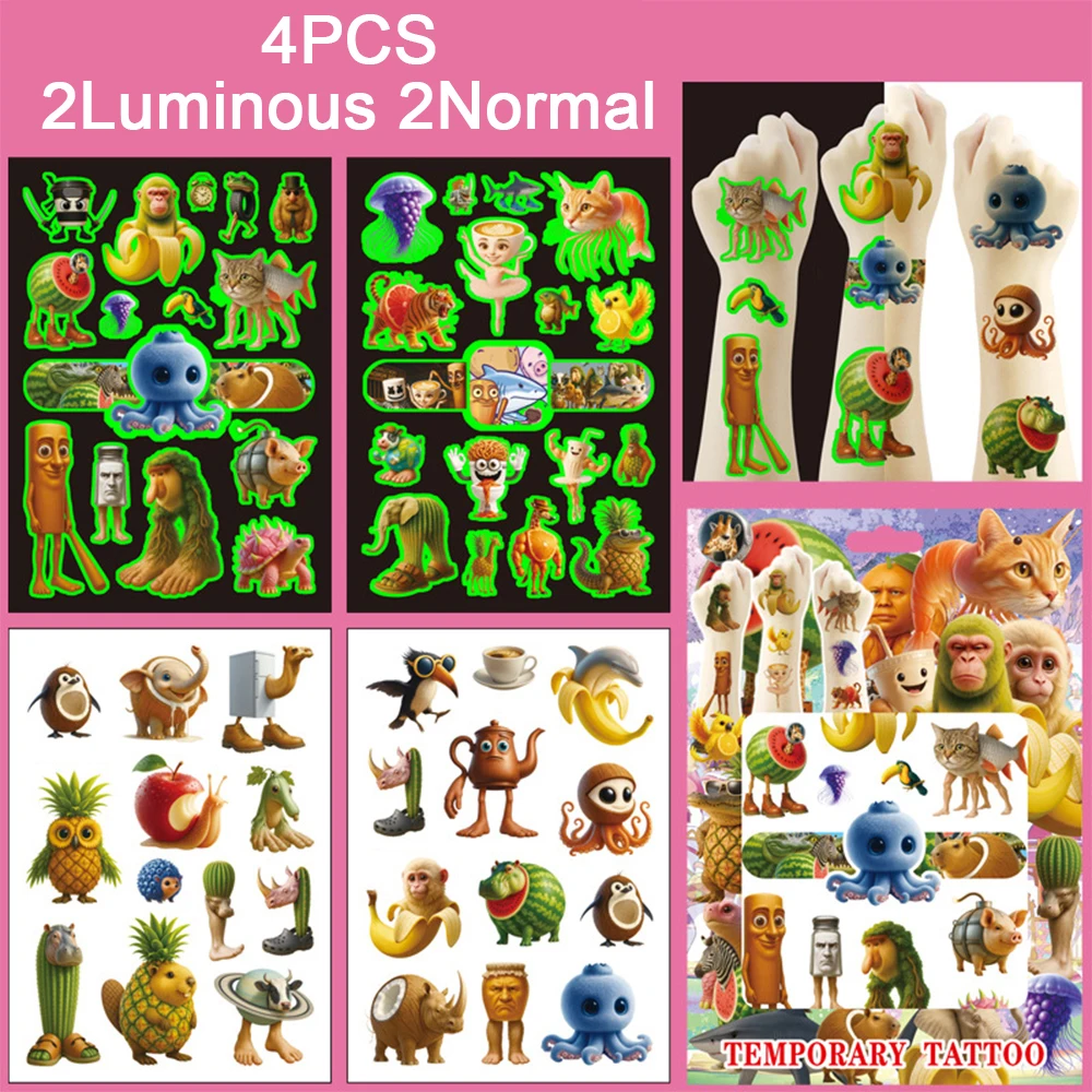 4 Blatt italienische Brainrot leuchtende Tattoos für Kinder Tung Tung Sahur temporäre Tattoos Aufkleber Partyzubehör Geschenke für Kinder