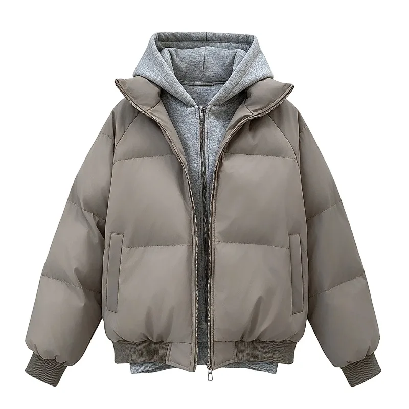2026 Fake Two-piece Style Hooded Short Parkas Women's Winter Cotton-padded Jacket Loose Outerwear Student Top Thicken Warm Coats