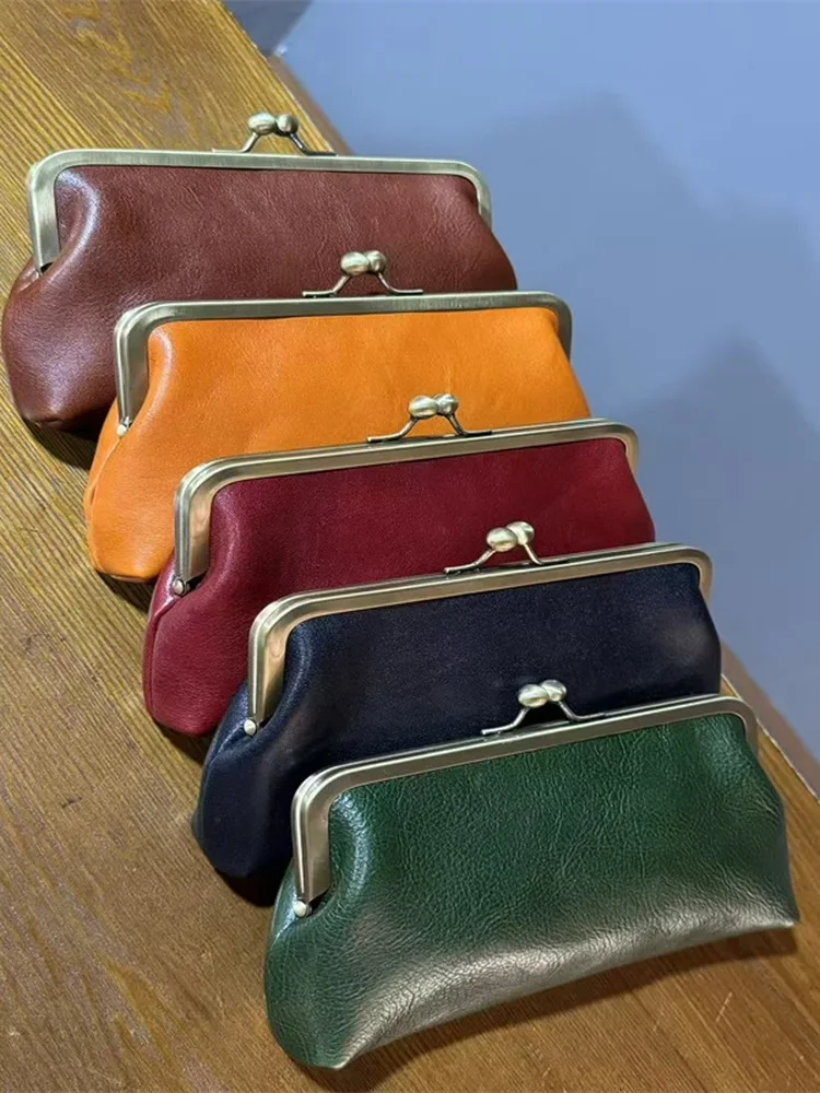 Retro Clip Bag Simple Handheld Dinner Bag Top Layer Vegetable Tanned Cowhide Leather Storage Bag Luxury Soft Square Shape