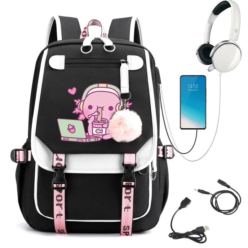 Backpack School Bag Girl Back Pack Children Teenager Female Schoolbag Cute Axolotl Loves Instant Noodles Anime Primary Bagpacks