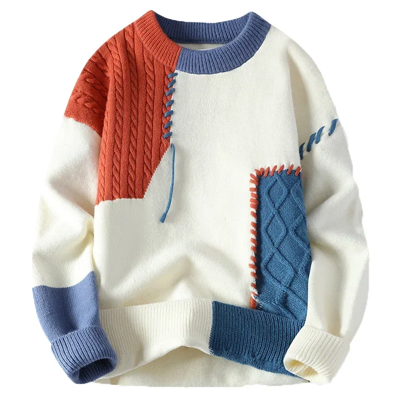 2024 Autumn Winter Warm Sweaters Patchwork Pullovers Korean Style Round Neck Knitted Sweater Men Women Fashion Knitwear