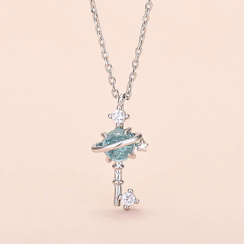 Celestial Crystal Key Necklace Women Small Global Pendant Party Ornament Jewelry Gift for Girls