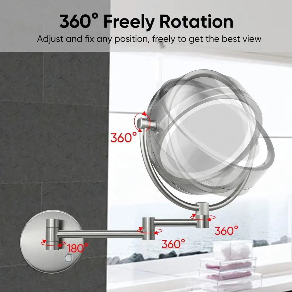 13インチ ブラッシュドニッケル製 壁掛け式 10倍拡大鏡付きメイクアップミラー、3段階調光LEDライトと伸縮アーム付き