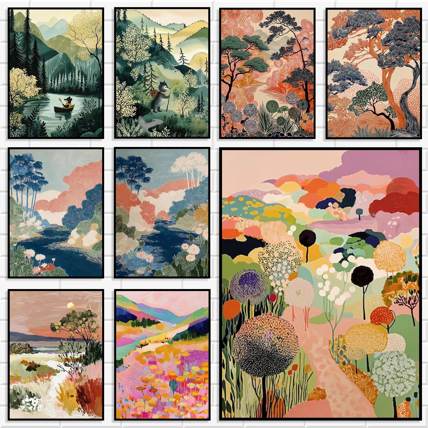 Vintage Illustrated Landscape Canvas Print Vibrant Multicolor Mountain Forest River Palm Tree Scenery Boho Nordic Wall Art Decor