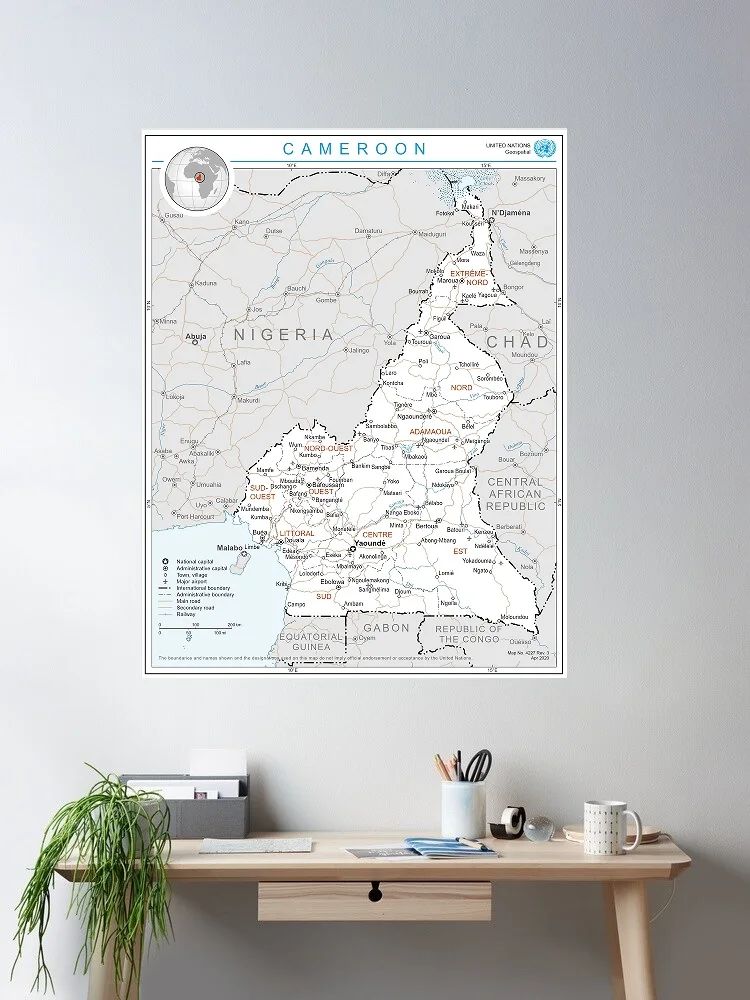 Cameroon Political Administrative Province Road Rail City Country Map, Art Print Canvas Poster, Living Room Decor