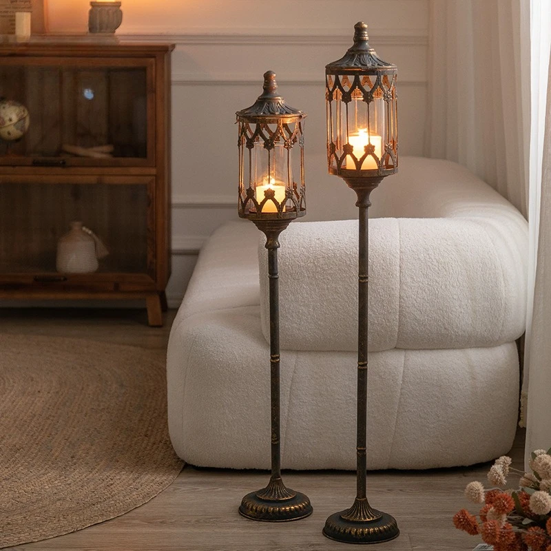 American retro old wrought iron floor wind lamp B & B hotel courtyard ornament outdoor romantic candlestick windproof decoration
