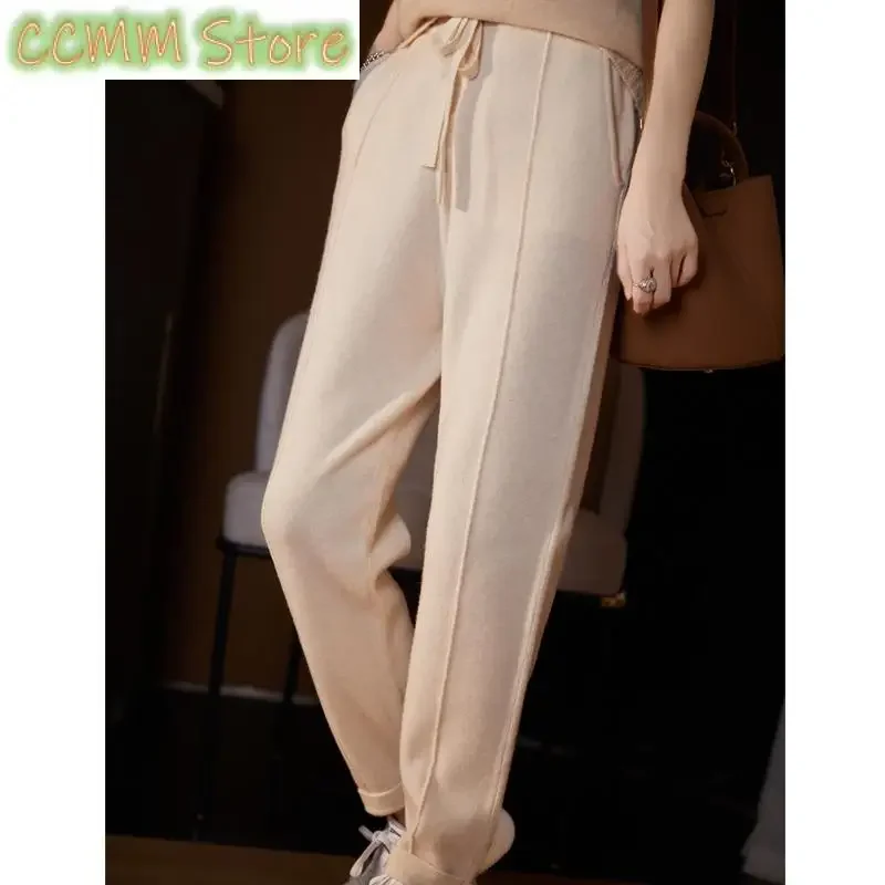 Women's mid seam cashmere pencil pants, pure wool warm pants, autumn and winter high-quality elastic waist drawstring pants