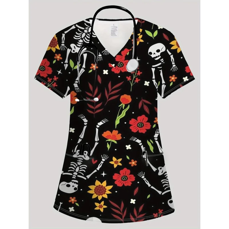 Halloween nurse costume for women Fun pattern of colorful flowers and playful skulls on a black background PrintingTShirt， ，Hall