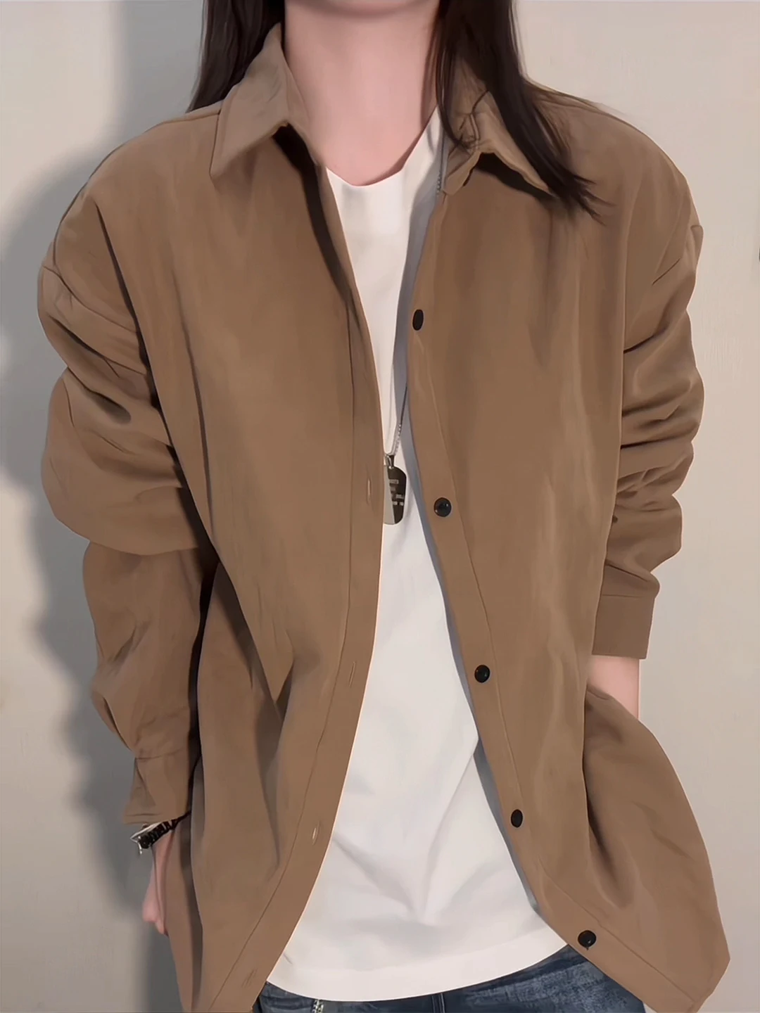 

Khaki Fce Lined Long Sve Men's irt Layering Sle Autumn Winter Thiened Jaet Casual Loose Fit Youth ular