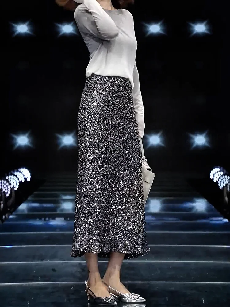 

Новая модная осенняя юбка-миди с пайетками и высокой талией, облегающая, легкая, с запахом, для зрелых женщин, коллекция 2024